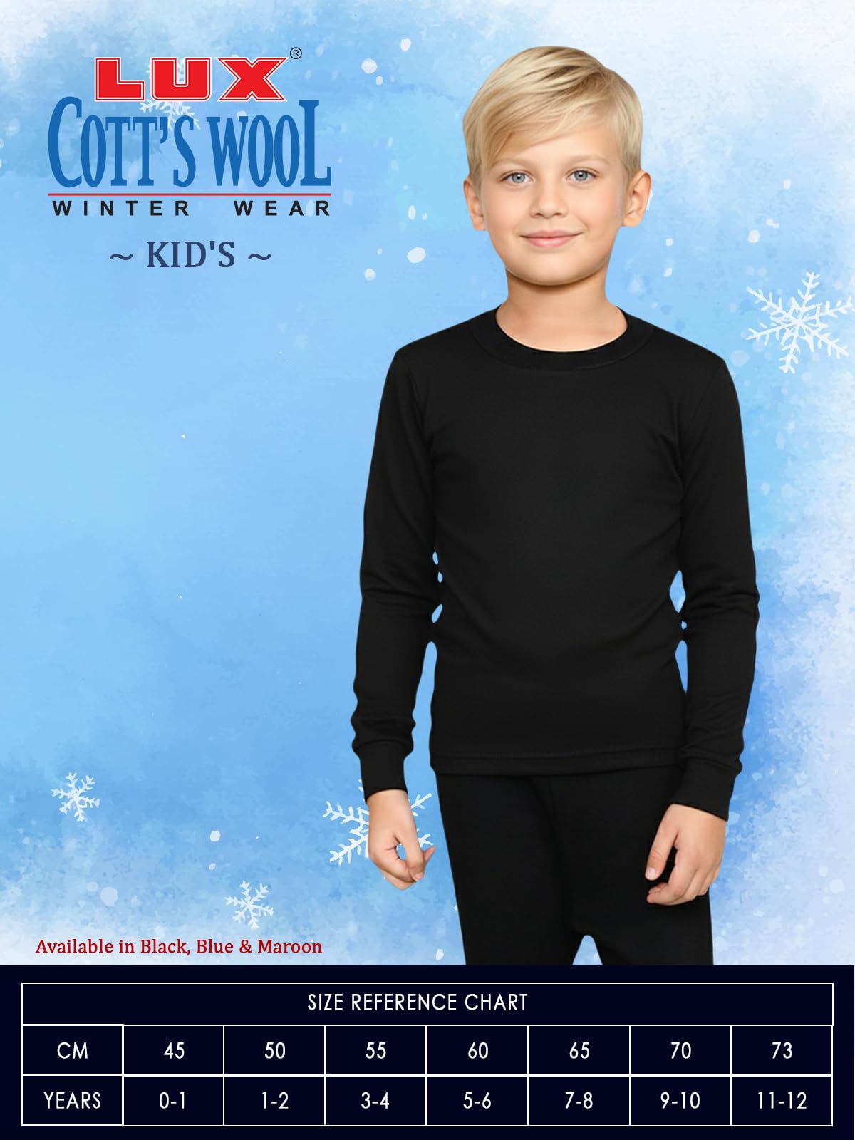 Lux Cott's Wool Set di biancheria intima termica da ragazzo con maniche lunghe e girocollo, set termico per bambini, con strato inferiore e top invernale