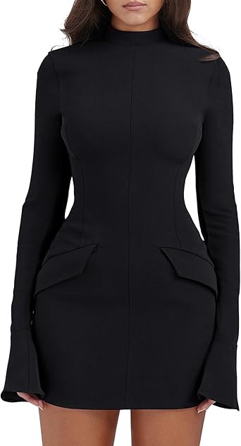 YMDUCH Womens Long Sleeve Mock Turtle Neck Bodycon Mini Tank Short Party Dress