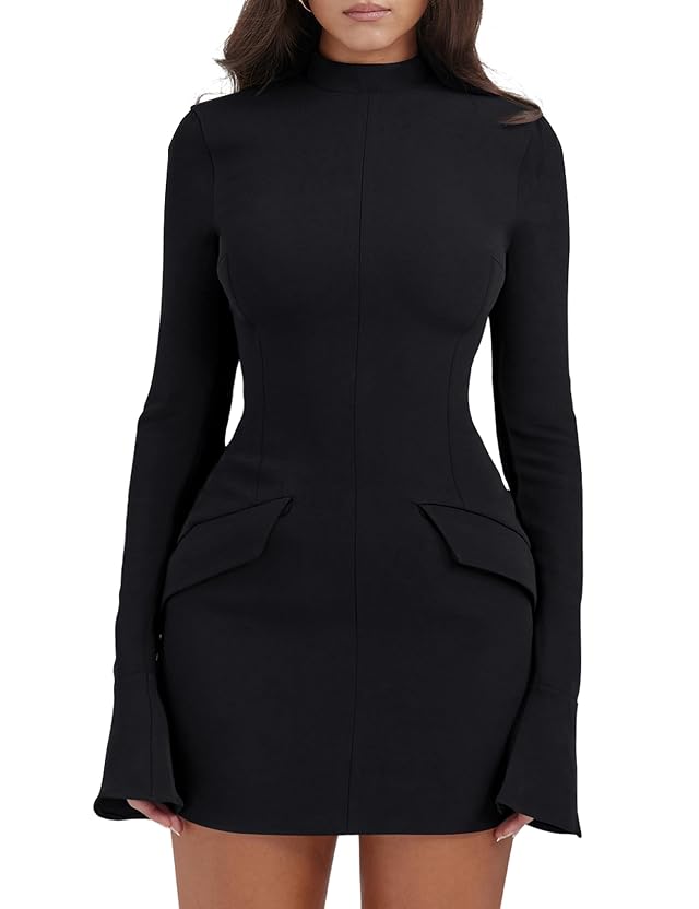 YMDUCH Womens Long Sleeve Mock Turtle Neck Bodycon Mini Tank Short Party Dress