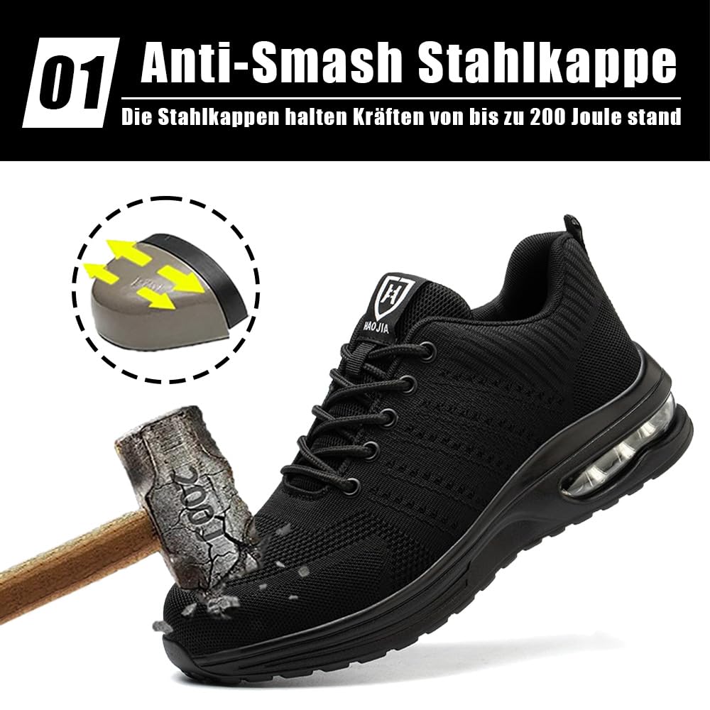Męskie buty robocze, lekkie, damskie, oddychające, stalowe noski, sportowe buty ochronne, czarny, 43 EU