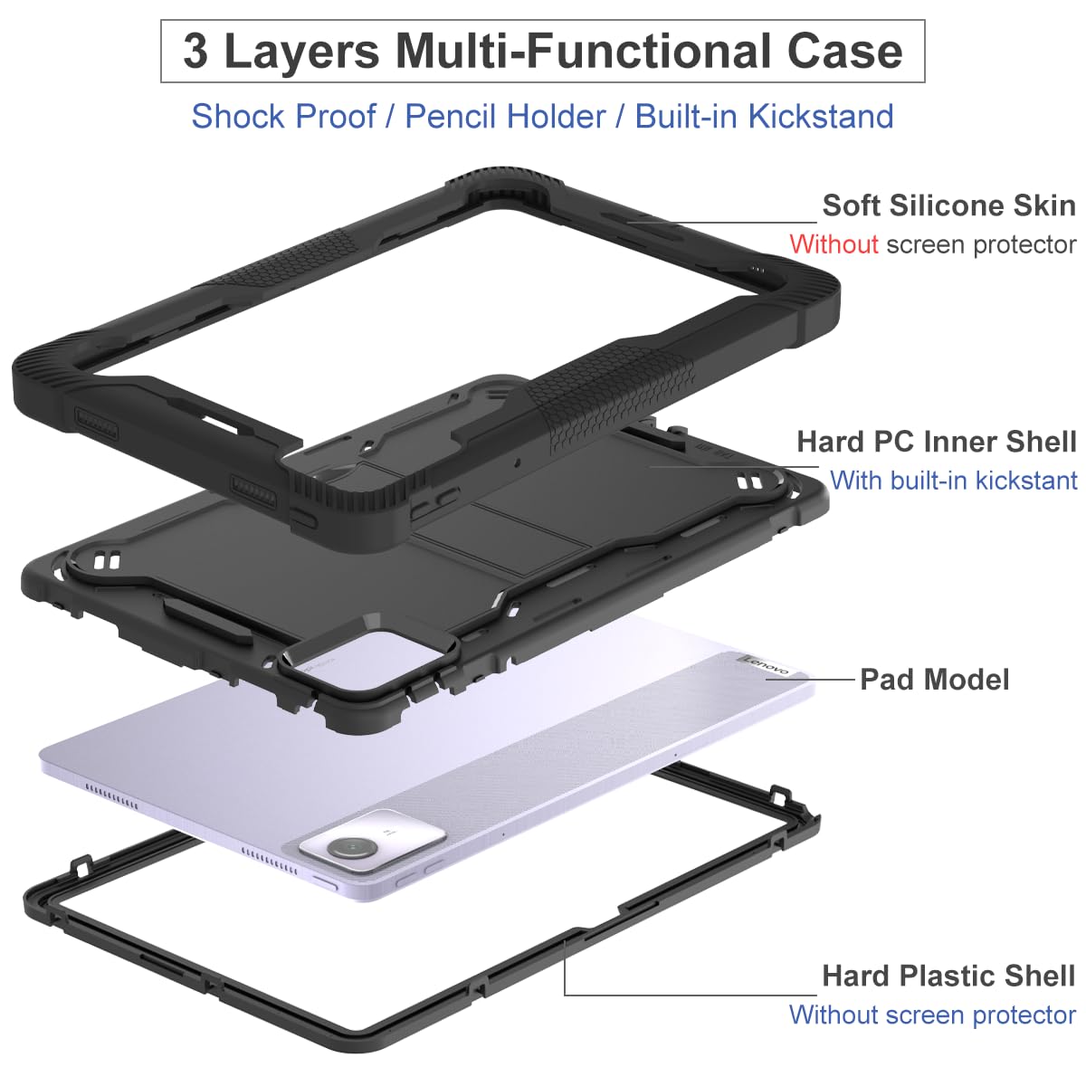 Étui Protecteur Junfire Pour Lenovo Tab M11 2024 - Béquille 360° - Dragonne - Porte-stylo - Noir