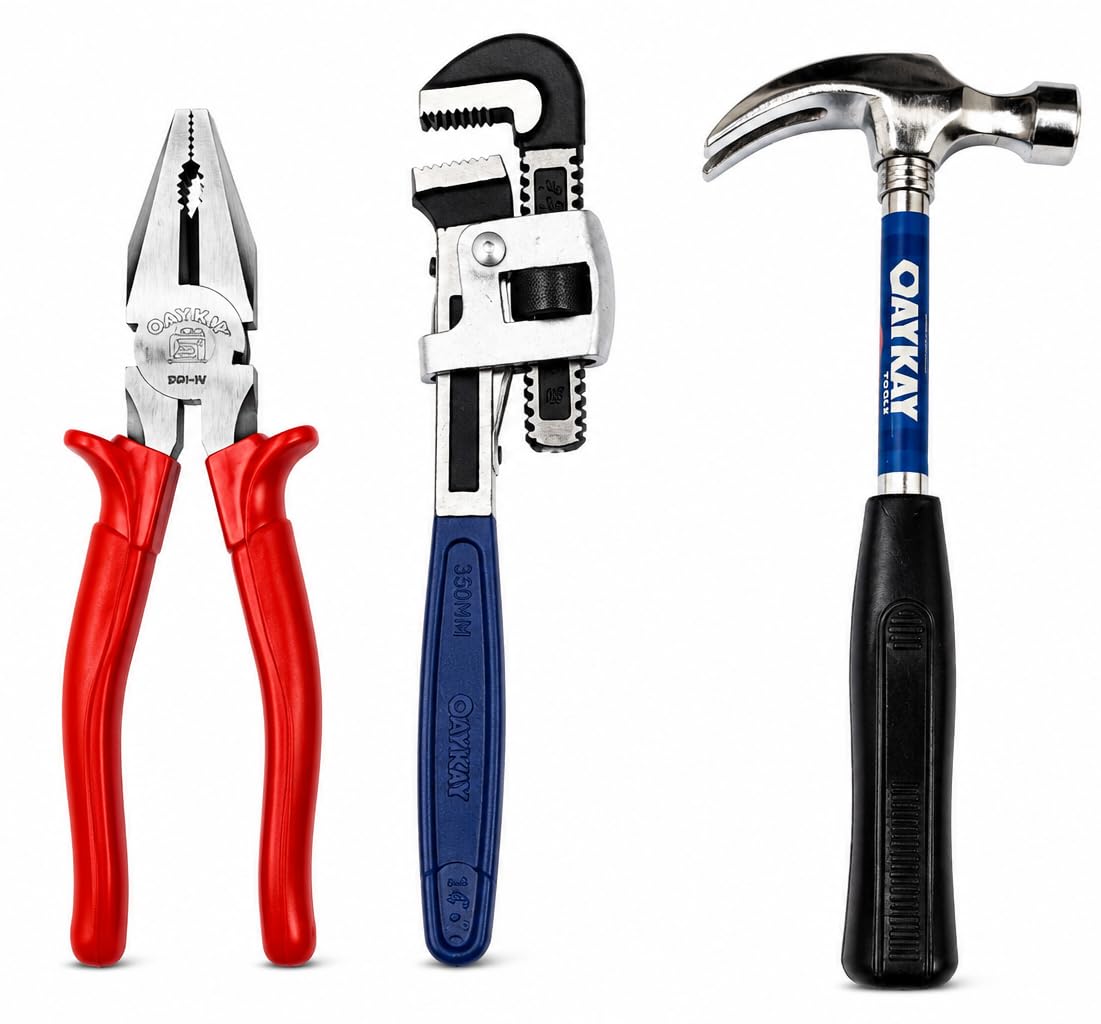 Hand Tool Kit with Pipe Wrench, Plier & Hammer-image-1