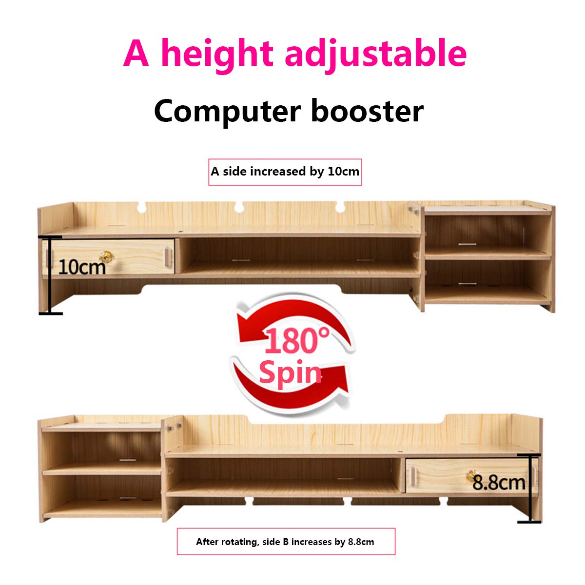 Support de Moniteur en Bois avec Tiroir et Compartiments Verrouillés, Organisateur de Bureau D'ordinateur, Hauteur Réglable pour la Maison ou Le Bureau,A