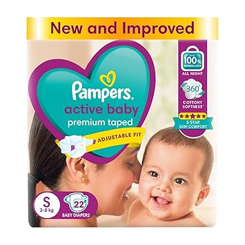 Pampers Active baby Tape Style baby Diapers, Small (S), 22 pcs, 3-8kg, Adjustable Fit with 5 Star Skin Protection Diapers, 1 count - image, photos