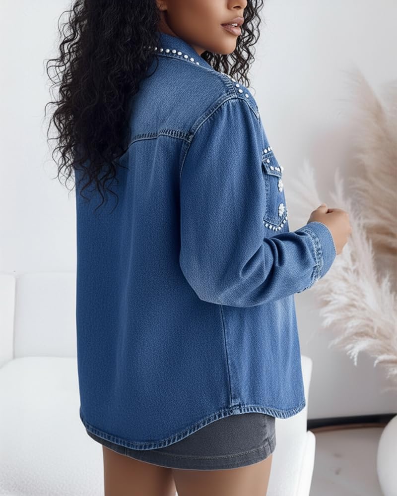 CHICME Womens Pearl Rhinestone Embellished Denim Shirt Long Sleeve Button Down Turn Down Collar Casual Jean - Image 5