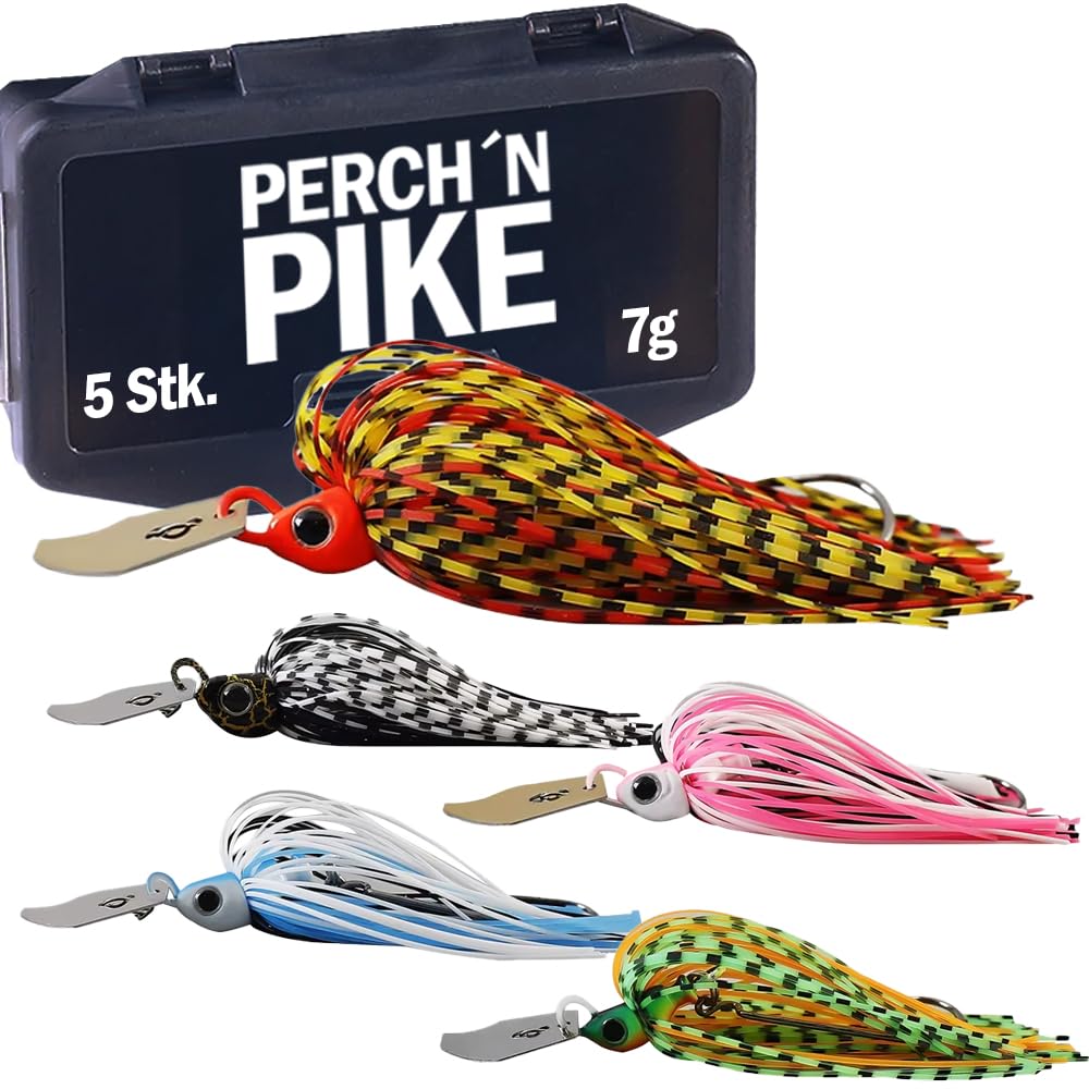 Chatterbait - Set di 5 esche da pesca con scatola, 7 g/13 g/21 g, per pesca spinning su luccio, pesce persico e luccio, con scatola per pescatori di pesci predatori