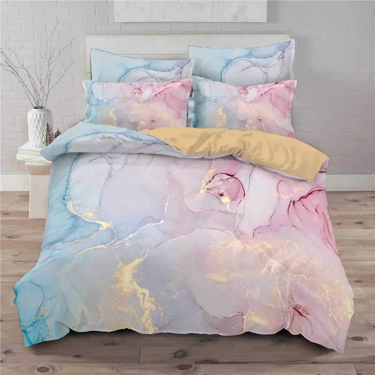 Housse de couette en marbre bleu 240x220 cm et parure de lit aquarelle chic