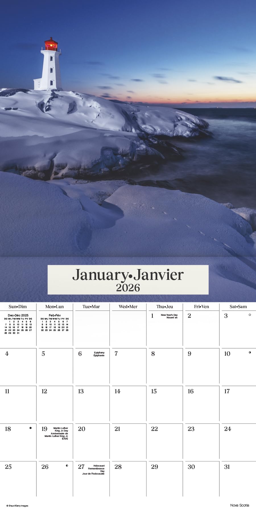 Calendrier mural 2026 Canada atlantique (bilingue français)