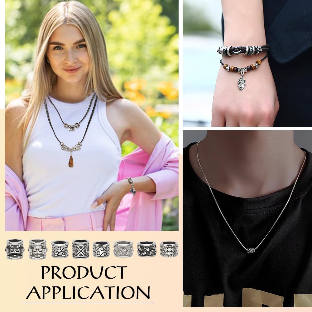 PH PandaHall 8 Styles 8mm Hole Column Beads, 304 Stainless Steel Spacer Beads Large Hole Beads Tube Lanyard Beads Tube Bead for DIY Bracelets Necklaces Jewelry Leather Craft Making, Antique Silver - Image 6