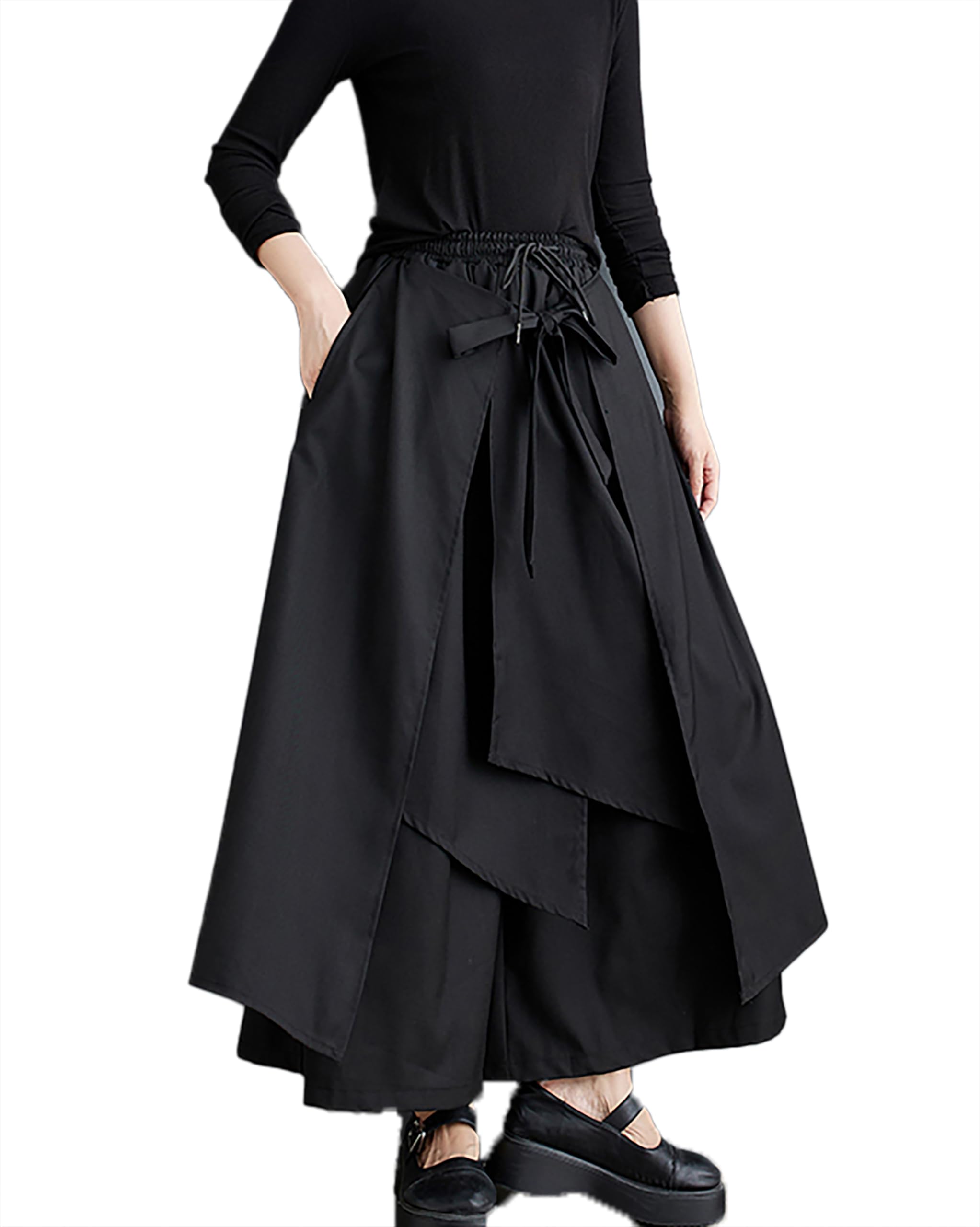 ellazhu Womens Skirt Pants Solid Elastic Waist Two Side Pockets Asymmetrical Hem Casual Baggy Loose GZ430 A