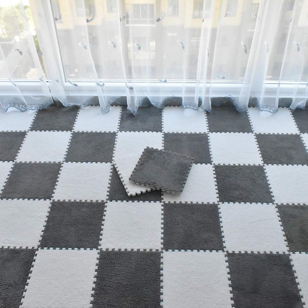60pcs Soft Plush Play Mat Foam Children's Carpet Interlocking Exercise Tiles Floor Carpet and Rug for Kids Pad 30 * 30 CM,Black,60pcs