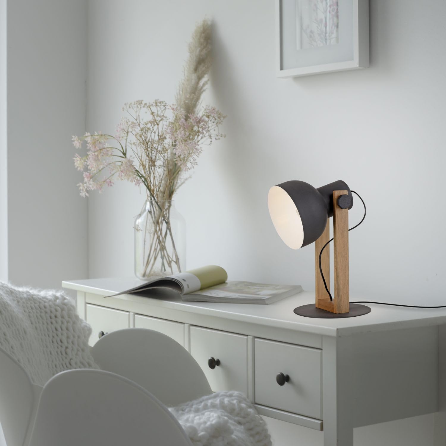 Licht-Erlebnisse Tischlampe Holz Metall Natur Schwarz Büro Wohnzimmer 45 cm E27 verstellbar wohnlich natürlich Industrial Tischleuchte Schreibtisch KORVIC