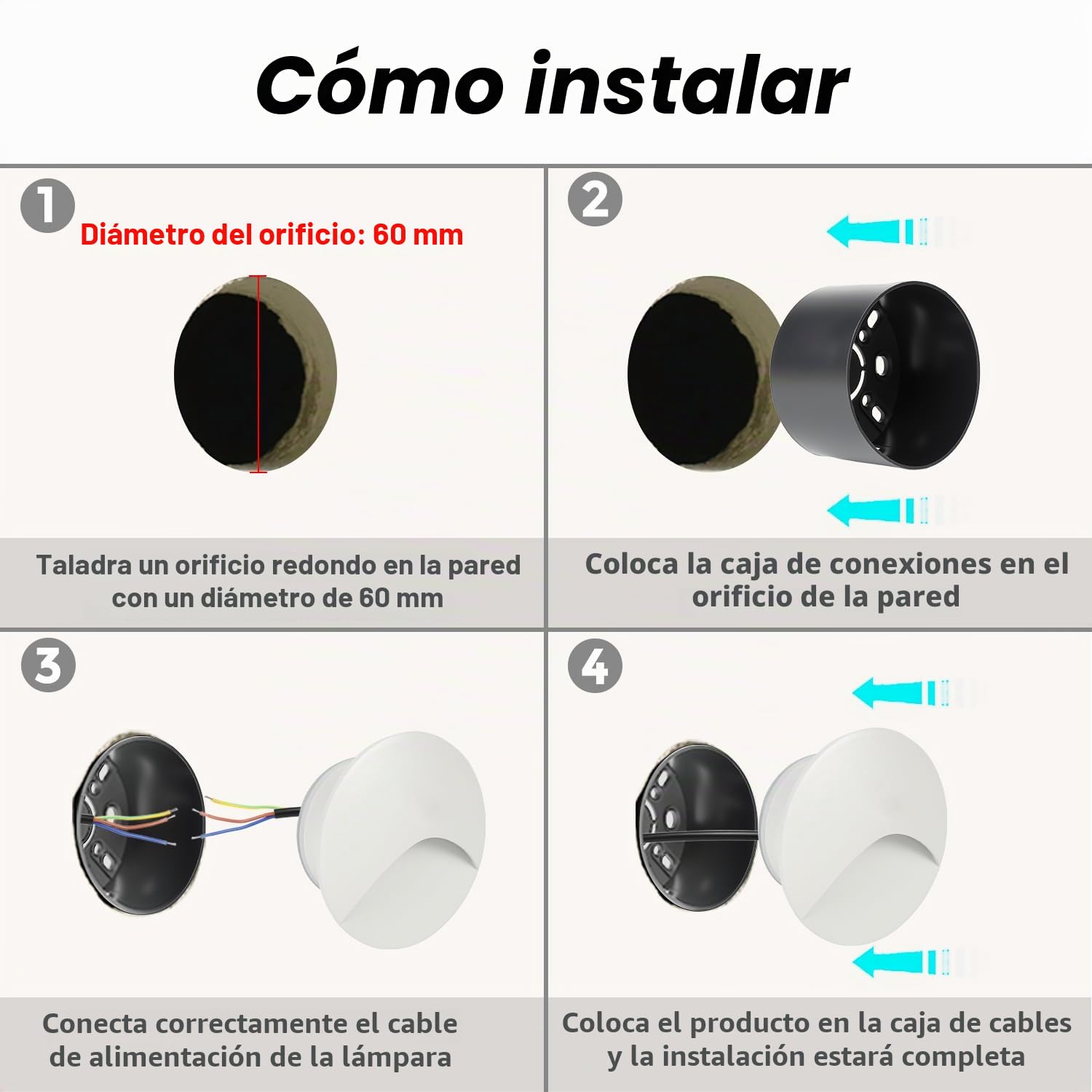 iluminacion escalera 3W Blanco cálido, Luces Empotrables luz led escaleras, 60mm, aluminio, redondas, 230V, 3W, Apliques de pared de Luces de escalera IP44, Blanco, Juego de 8 lámparas
