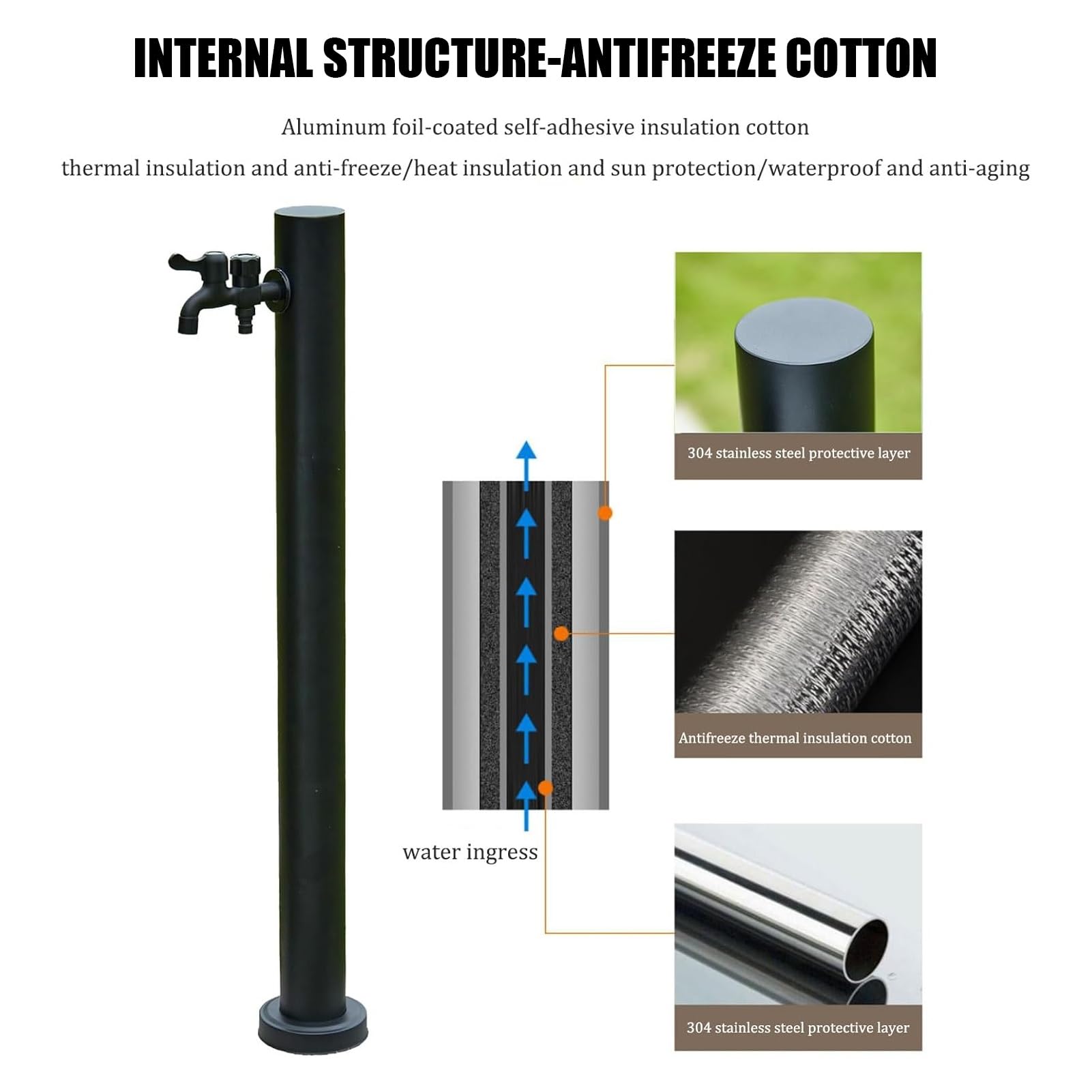 Genérico Columna de Agua Exterior de Acero Inoxidable - Soporte Independiente para Manguera de jardín y dispensador de Agua con hidrante para riego, 95 cm/37,4 Pulgadas, Negro - Solución Duradera y e