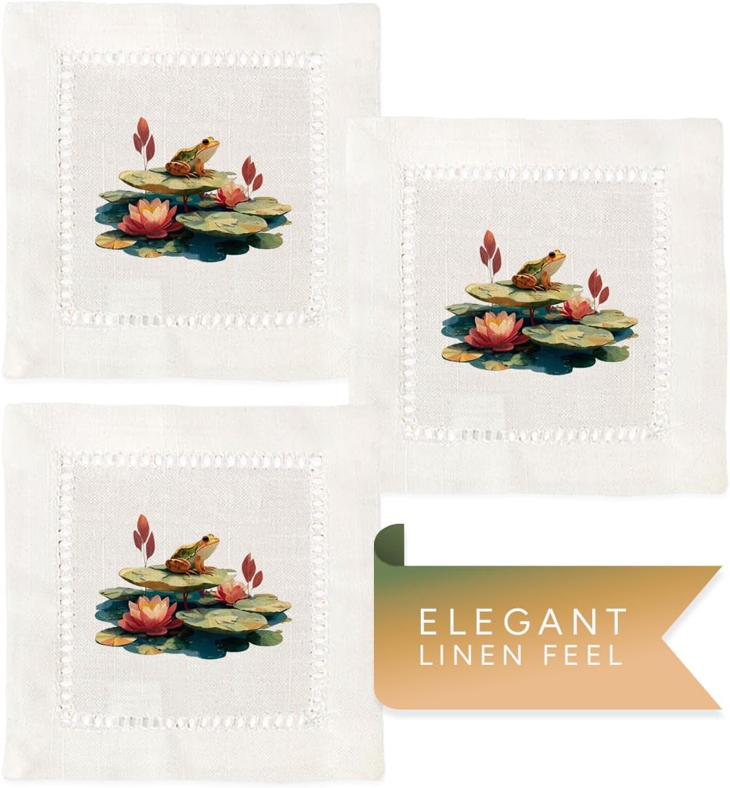 Jolitee Decorative Hemstitch Cocktail Napkins, 6"x6" Washable Linen-Like Cloth Napkins, Handmade for Entertaining and Everyday Use (Lotus Frog)