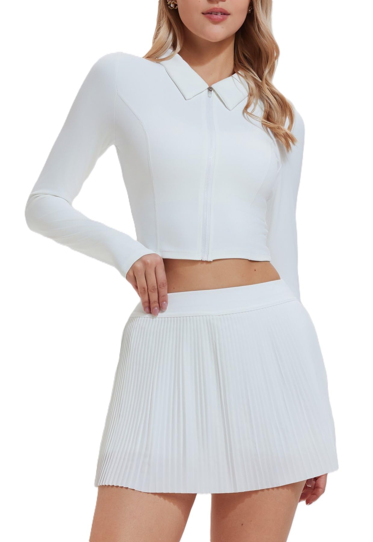Women 2 Piece Tennis Golf Outfit Zip Polo Top Pleated Athleisure Skirt Set