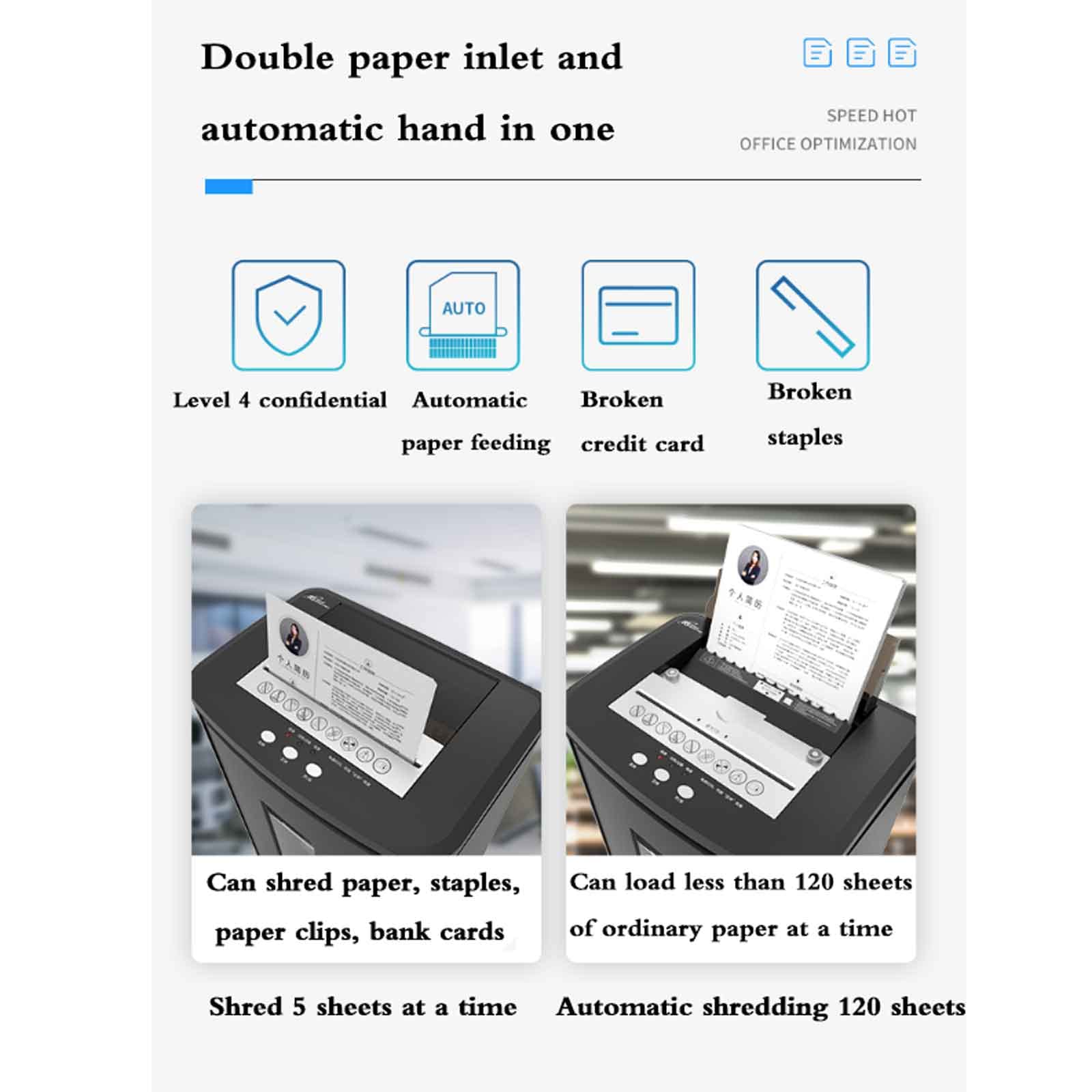Distruggidocumenti Personale a 5 Fogli Distruggidocumenti Automatico, 4 Livelli di riservatezza, 120 Fogli di Carta alla Volta, 60 Minuti di Lavoro Continuo, capacità 25 Litri, 37X26X52,3 cm