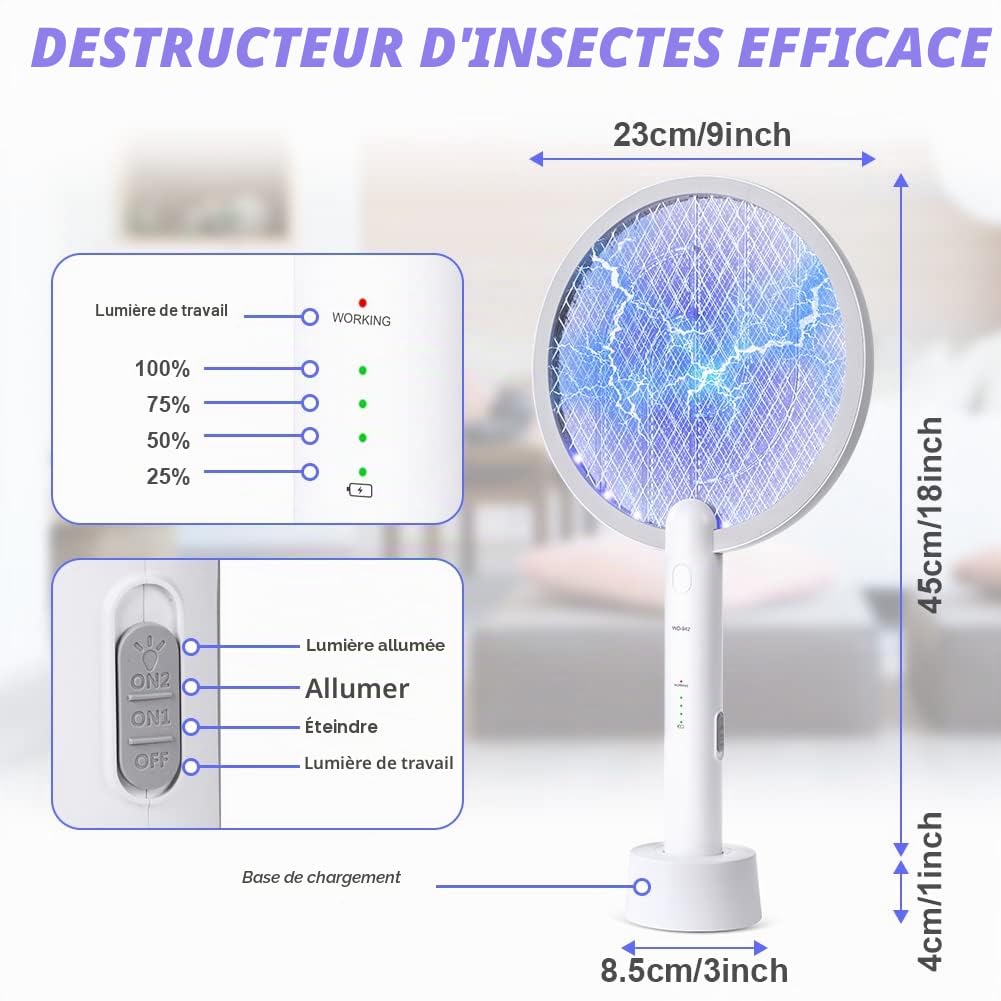 Flintronic Raquette Electrique Insectes, 3000V Raquette Anti Moustiques Électrique avec USB Base de Charge, 3 Couches Protection en Maille et Lumière de Nuit LED, Tapetteà Mouche Electrique
