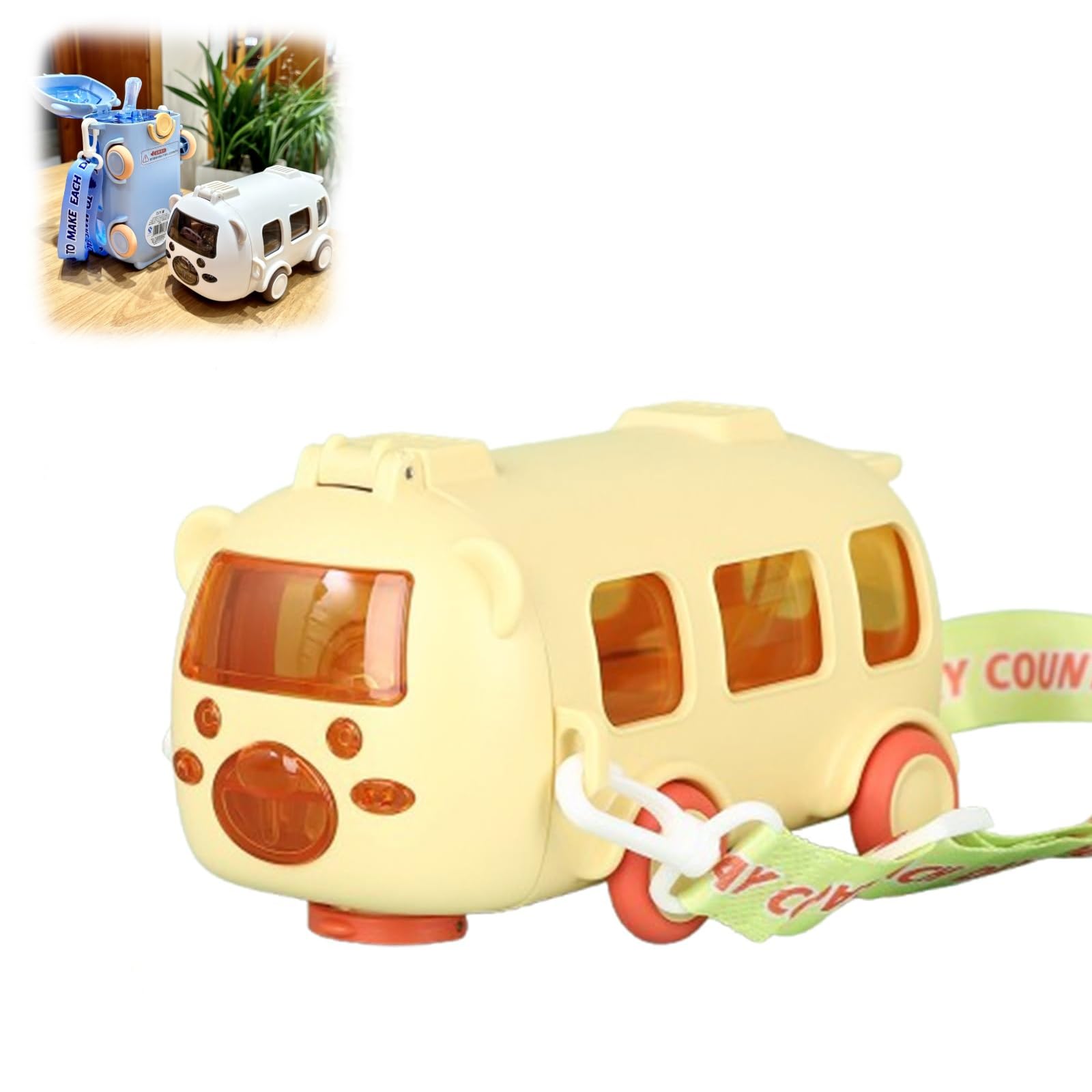 Portable Water Cup in Bus Shape with Strap 16.9 Oz, 360° Leak-Proof Flip Top Straw Cup - Cute Cartoon Design, Detachable & Portable for Travel, Camping(Yellow)