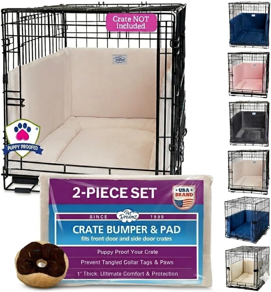 Pet Dreams New Bundle - Dog Crate Bumper & Mat with Bonus Donut Toy - Patented Comfy Liner & Dog Tail Protector for Inside Crate, fits iCrate Cages 18, 24, 30, 36, 42, 48 Inches (Ivory, Small, 24“)