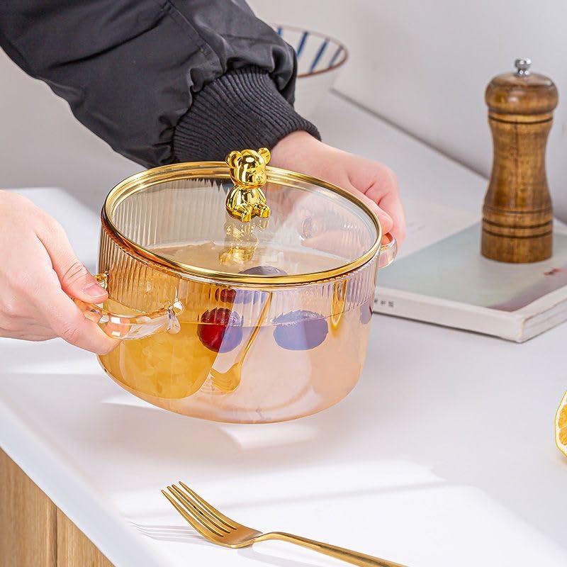Avastro 1.5L Gold Transparent Soup Pot Heat Resistant Microwave Fire Heating Dual Handles Nonstick Glass Saucepan with Cover Kitchen Cooking Tools Pack of 1