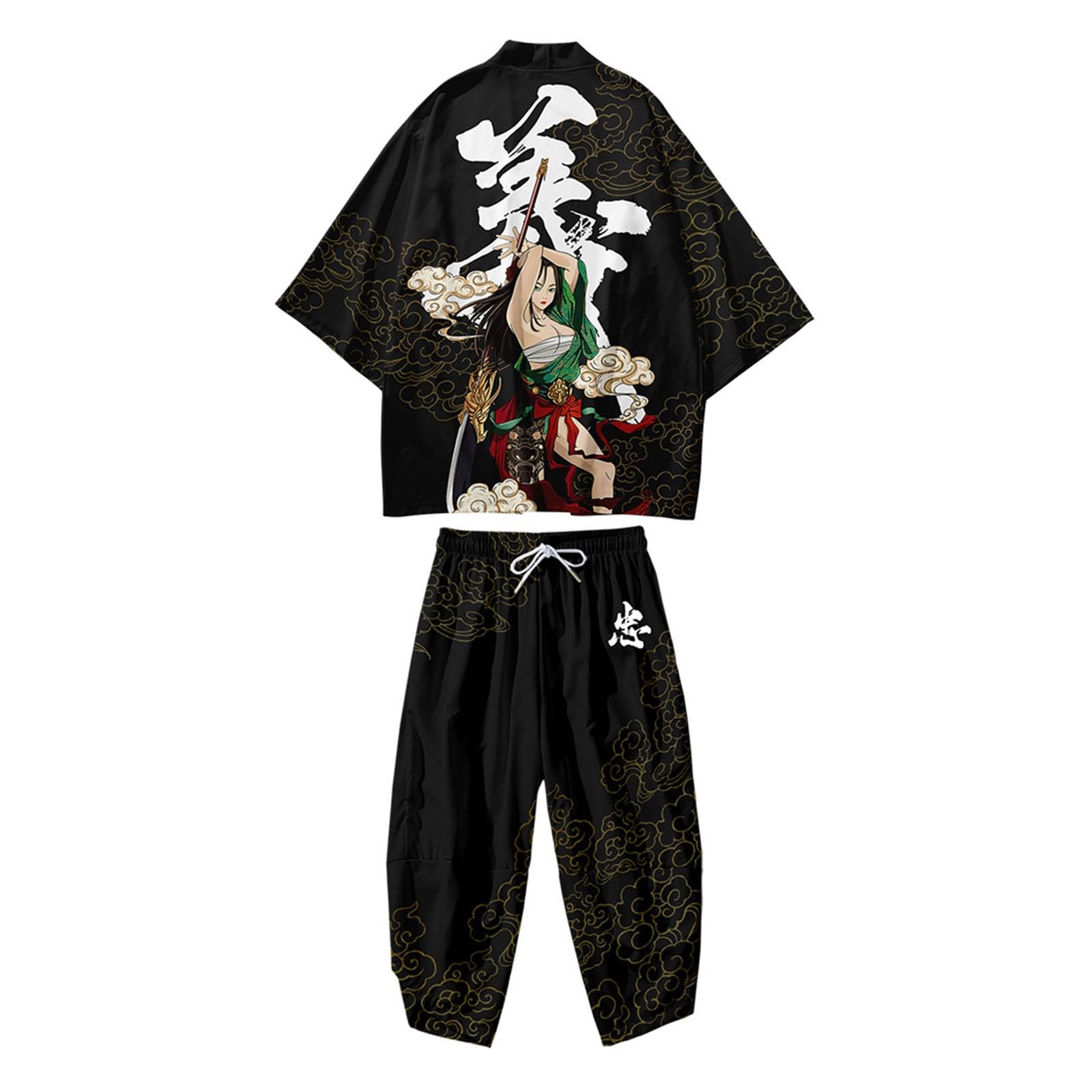 Generisch Conjunto de kimono para hombre, traje de verano tradicional, estampado japonés, cárdigan suelto y pantalones casuales, ropa holgada samurai, traje casual retro, traje deportivo Harajuku