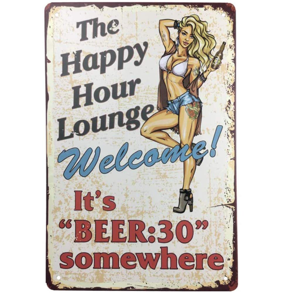 Retro tin Signage. - Happy Hour Lounge Vintage Metal Sign Gift Bedroom Retro Novelty Cafe Store Tin Signs 12x8inch