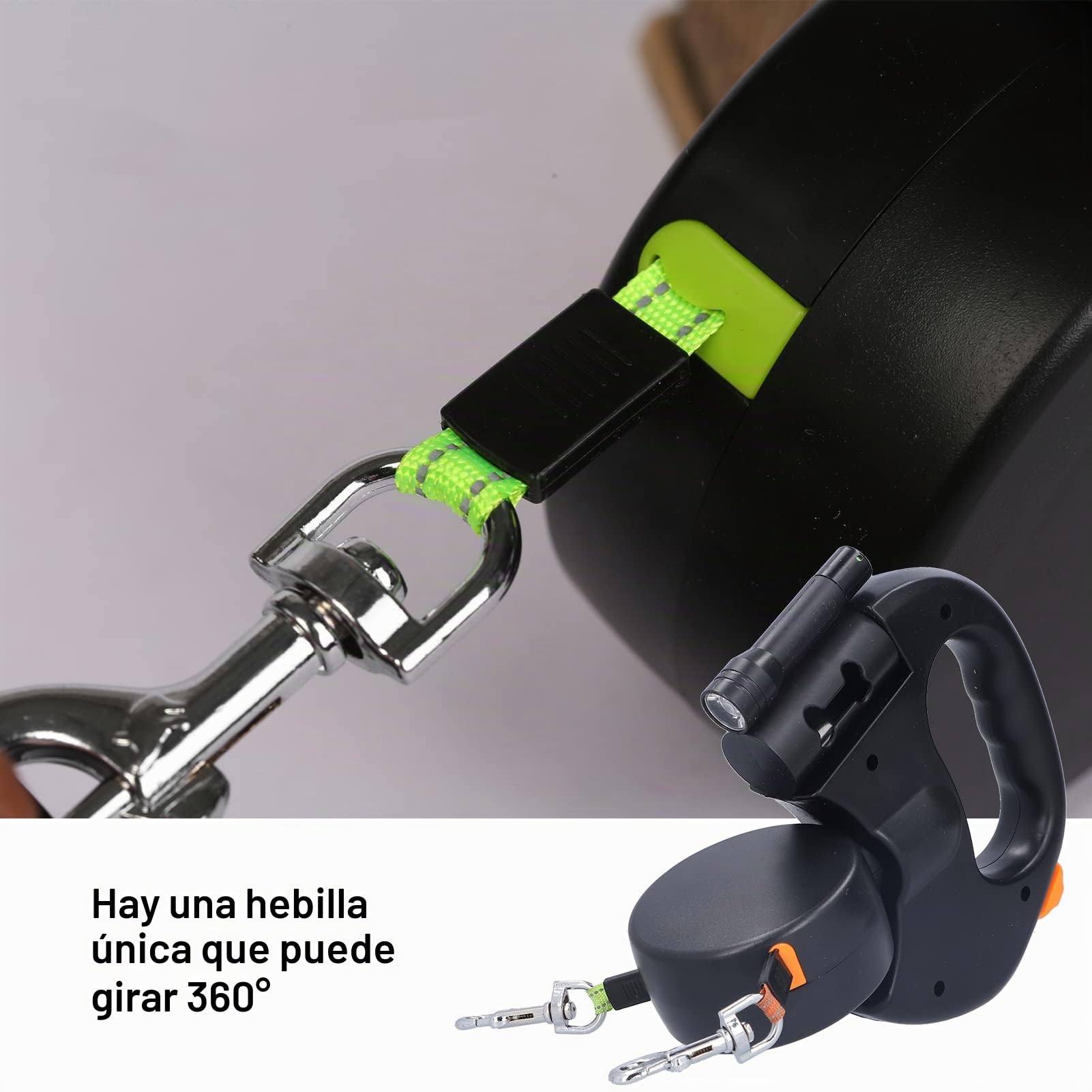Correa Doble para 2 , Correa para enrollador para hasta 25 kg/55 Libras, Cinta de Nailon sólido Extensible con Costuras Reflectantes Luminosas, 360º sin
