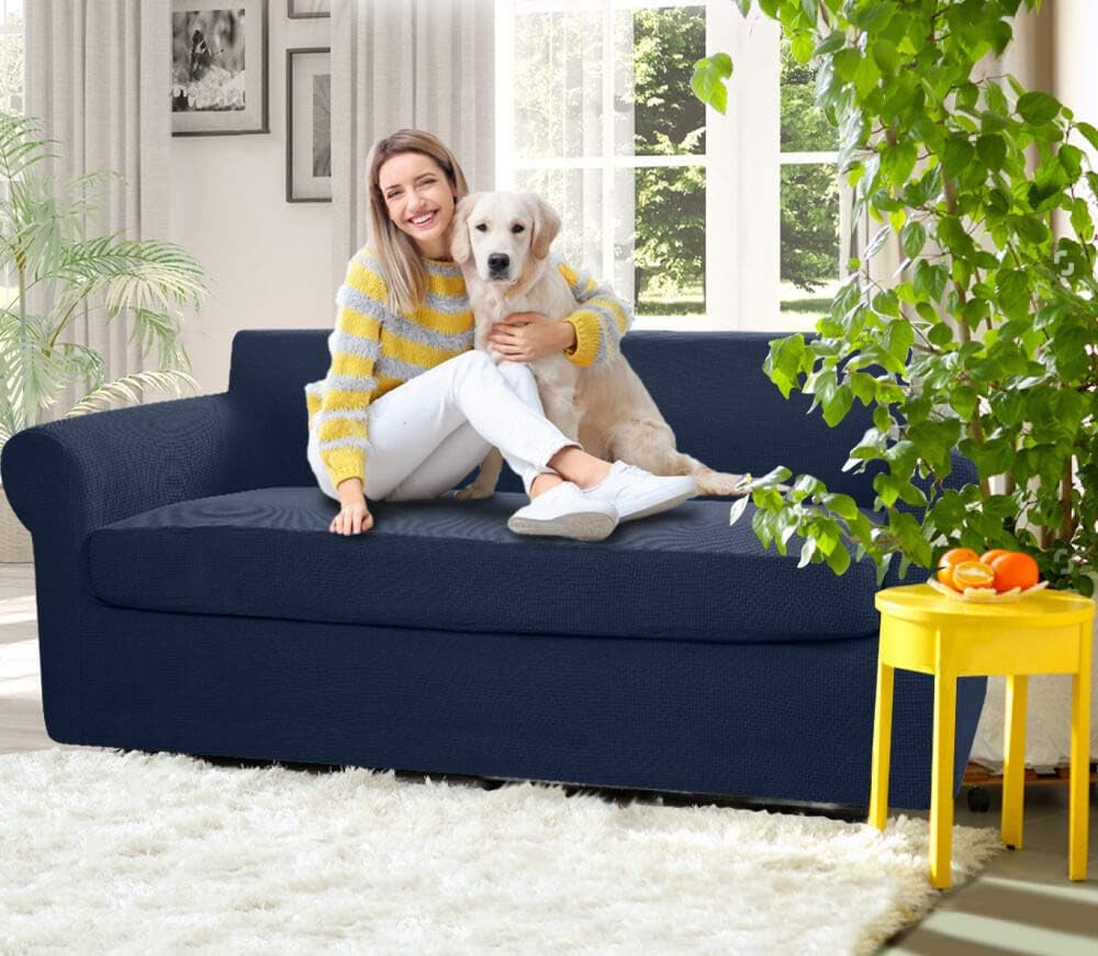 Vailge 2-Piece High Stretch Jacquard Sofa Slipcover, Durable Sofa Cover with Separate Cushion Cover,Machine Washable Couch Covers/SlipCover for Dogs,3 Cushion Couch,Living Room(Sofa:Navy Blue)