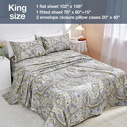 Image of JSD Vintage Paisley Printed King Sheet Set Extra Deep Pocket | 4 Piece Soft Microfiber Sheets, OEKO-TEX Certified, Easy Care