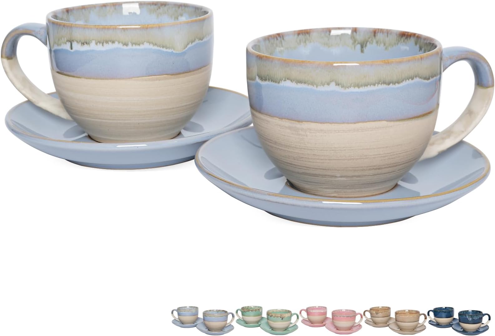 Ceramic Cappuccino Cup and Saucer Set of 2, 10 Oz, Coffee Cups for Latte, Espresso, Tea, Dishwasher and Microwave Safe, Reavtive Glaze (Light Blue)