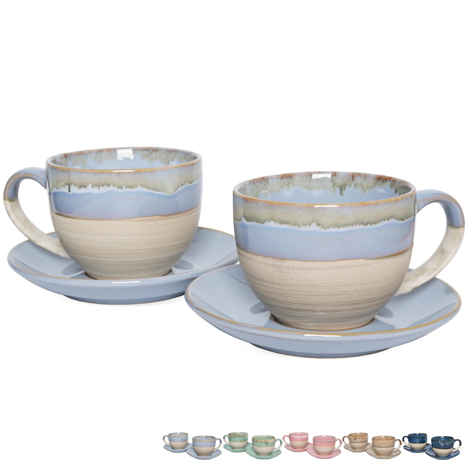 BosmarlinCeramic Cappuccino Cup and Saucer Set of 2, 9 Oz, Coffee Cups for Latte, Espresso, Tea, Dishwasher and Microwave Safe, Reavtive Glaze (Light Blue)