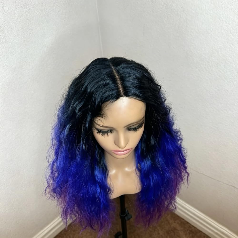 Haarpflege Blau Lila Perücke Ombré Schwarz 26 Zoll Lang Mittelteil Hitze