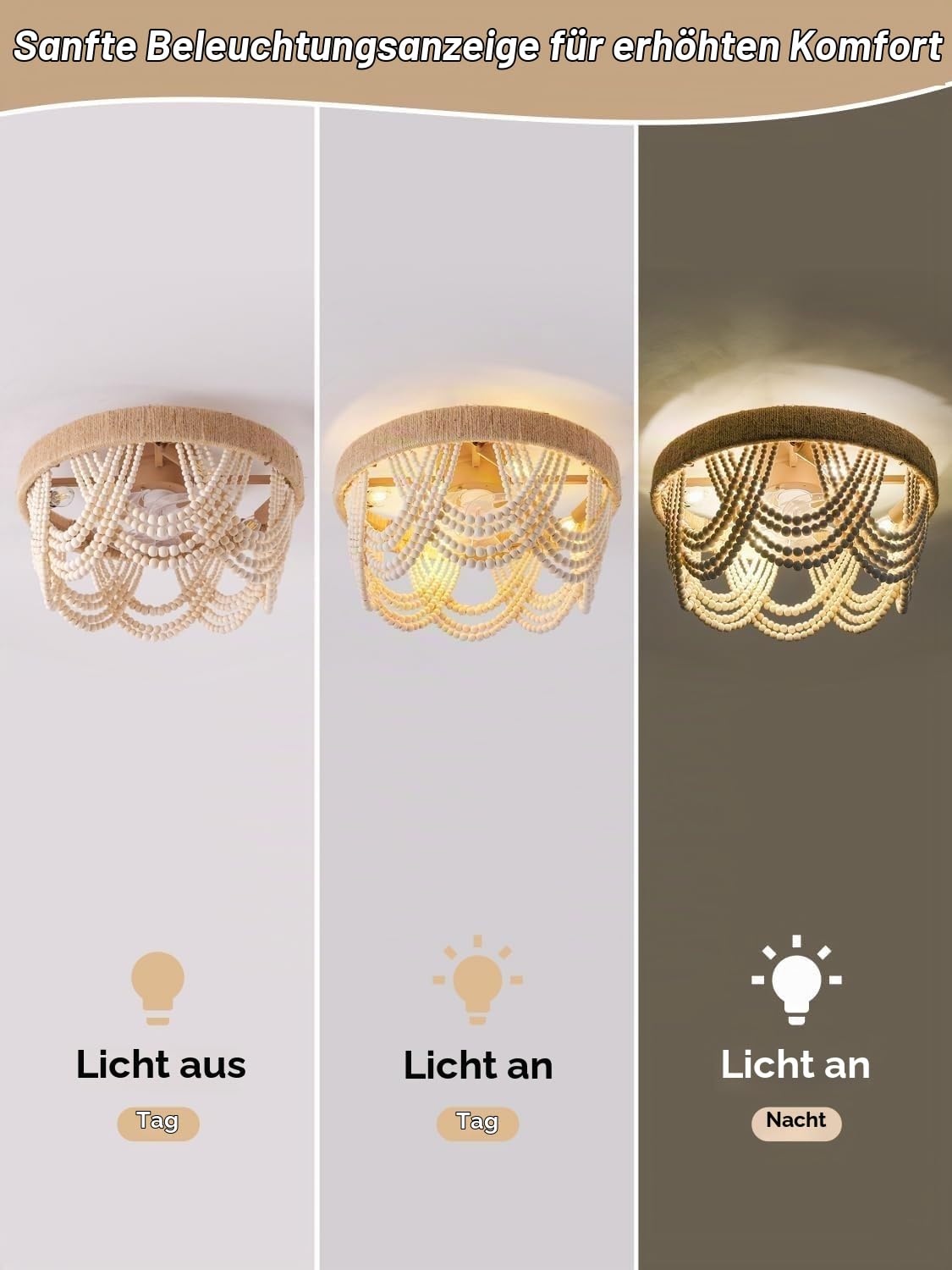 Boho Deckenventilator mit Licht bündige Montage Küstenperlen Fandelier Deckenventilatoren mit Lichtern und Fernbedienung geschlossener Käfig mit 6 Geschwindigkeiten Schlafzimmer Kinderzimmer