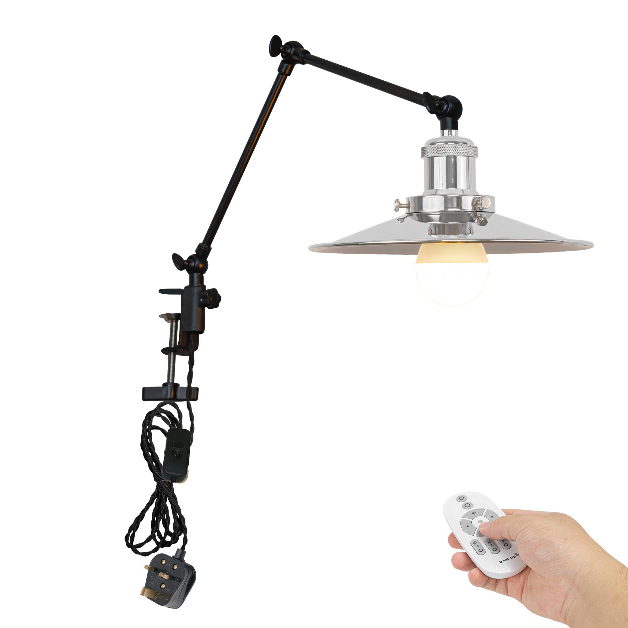 FSLiving Dimmable Desk Lamp Clamp, Desk Lamp Clip Light with Flexible Swing Arm and Remote Control,Decorative Iron Clamp Lamp Adjustable for Office Study Reading with Silver Lampshade