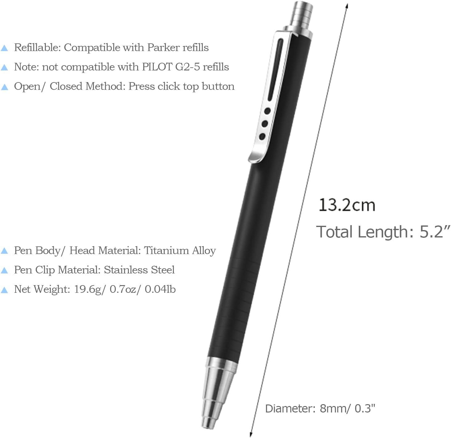 Hamans Titanium Ballpoint Pen Click Push Retractable Press Switch Pen with Clip 5.2" Pocket Size Lightweight Slim Shape for Signature Business School and Work