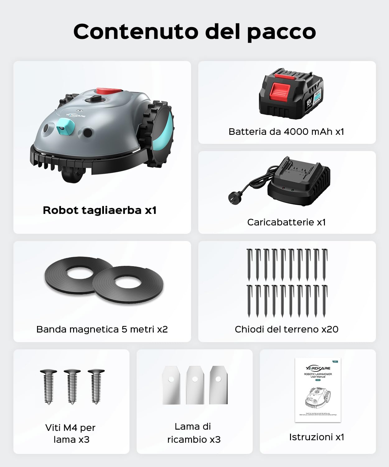 (2026 Upgrade) YARDCARE V100 Robot Tagliaerba a Batteria con Navigazione Visiva, Rilevamento di 150 Ostacoli, Robot Tosaerba Fino a 150 m², Robot Tosaerba con Lame di Ricambio, Banda magnetica