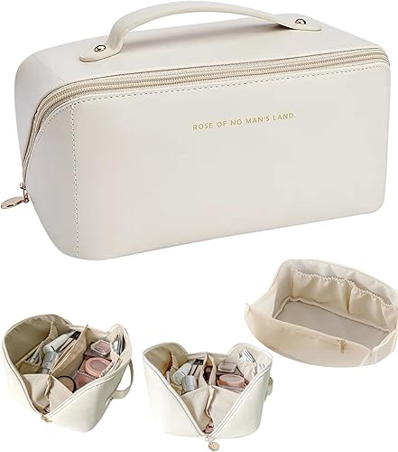 Bolsa de maquillaje, bolsas de cosméticos de gran capacidad para mujeres, bolsa portátil impermeable, bolsa de aseo plana abierta, organizador de