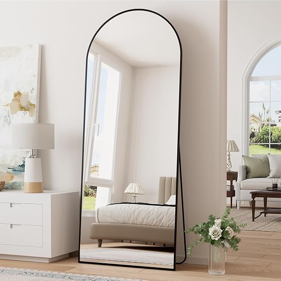 Floor Mirror, Arched Full Length Mirror Standing Hanging or Leaning Against Wall, Body for Bedroom, Wall-Mounted with Aluminum Alloy Frame, 64"x21" (Blck)