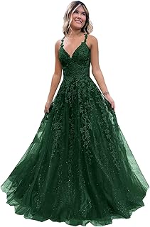 Tulle Lace Appliques Sparkly Prom Dresses A Line with Slit V Neck Formal Party Dress - Buy now