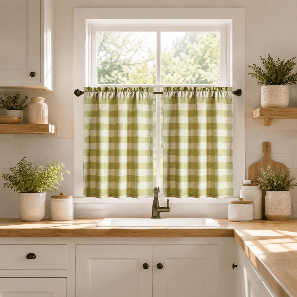 VOGOL Green and White Plaid Printed Tier Curtains, 30 Inch Room Darkening Kitchen Tiers Curtains for Cafe Basement Half Window Treatment Bathroom, 2 Panels, Rod Pocket — image 1