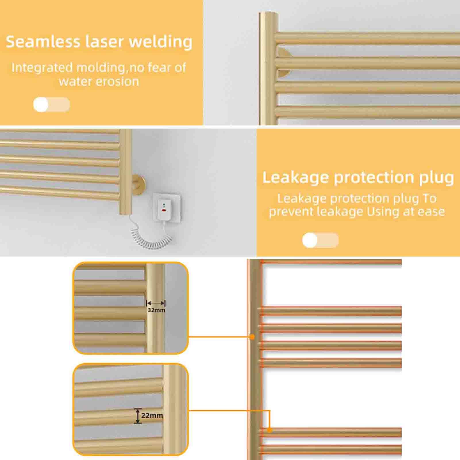 Toallero eléctrico calefactable, Moderno toallero eléctrico Dorado con Temporizador, de Acero al Carbono, de Montaje en Pared, ahorrador de energía para baños., Gold-220V Right Line