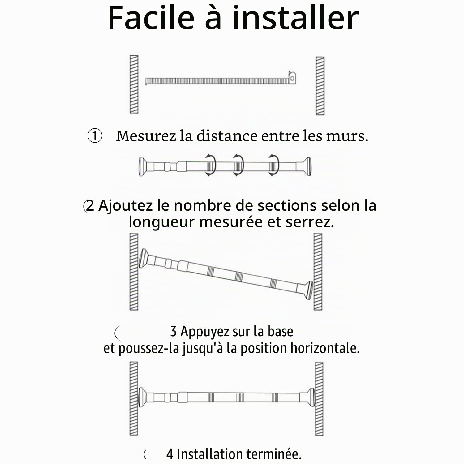 Barre Rideau Douche Sans Percage Extensible 48-200cm Inoxydable 304 Argenté Antidérapant