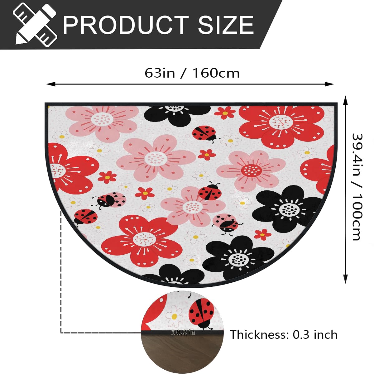 Große halbrunde Fußmatte – Rot / Schwarz Blumen saugfähig rutschfest halbrund Eingangsbereich Teppich – niedlicher, weicher, halbrund waschbarer Teppich für Küche, Badezimmer, Schlafzimmer