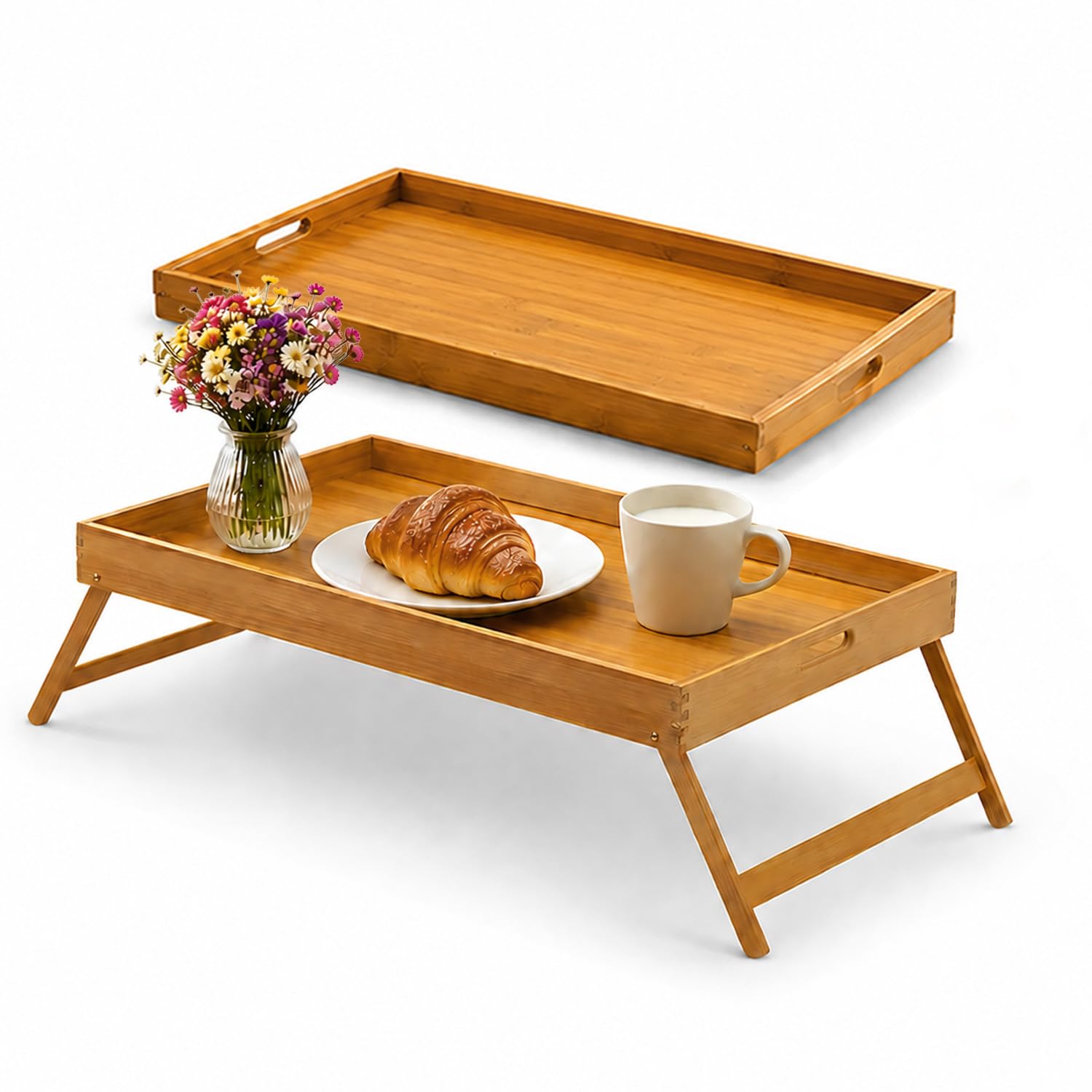 Avilia Vassoio per Colazione a Letto in Bambù con Piedini Pieghevoli - Elegante Tavolino da Letto per Colazione - Vassoio Multifunzionale - 50x30x21cm (Legno Naturale)