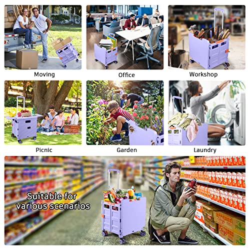 Foldable Utility Cart Collapsible Portable Crate Rolling Carts With Wheels Teacher Cart With Magnetic Lid Telescopic Cover Wear-Resistant 360°Rotate Wheel Noiseless For Shopping Storage Office Use #TOP2