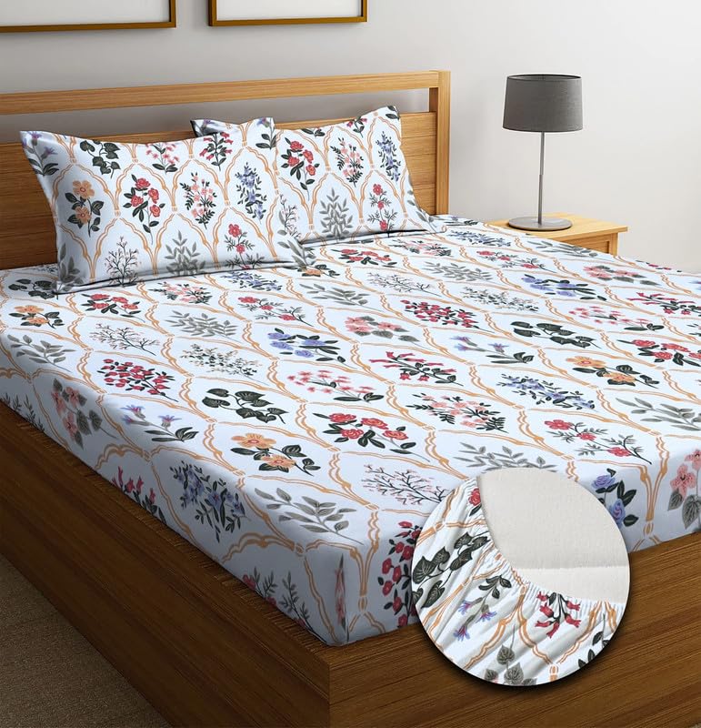 Image of NEW LEAF Premium Cotton Elastic Fitted Bedsheets with 2 King Size Pillow Covers | Double Bed with All Around Elastic 180 TC Supersoft |Size-72 King Sizex78+10 inches | Multicolour, White & Red