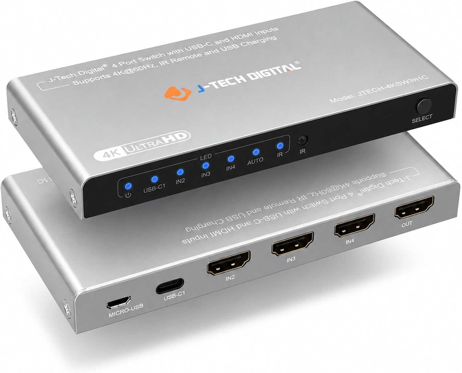 J-Tech Digital 4K 60Hz 4x1 HDMI & USB-C Switch | 3 + 1 USB-C Input, 1 Output | Compatible w/HDR & Dolby Vision | IR Remote, Auto Switch, CEC, Digital Audio [JTECH-4KSW3H1C]