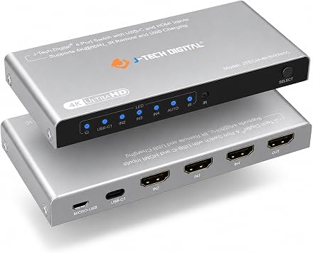 J-Tech Digital 4K 60Hz 4x1 HDMI & USB-C Switch | 3 + 1 USB-C Input, 1 Output | Compatible w/HDR & Dolby Vision | IR Remote, Auto Switch, CEC, Digital Audio [JTECH-4KSW3H1C]