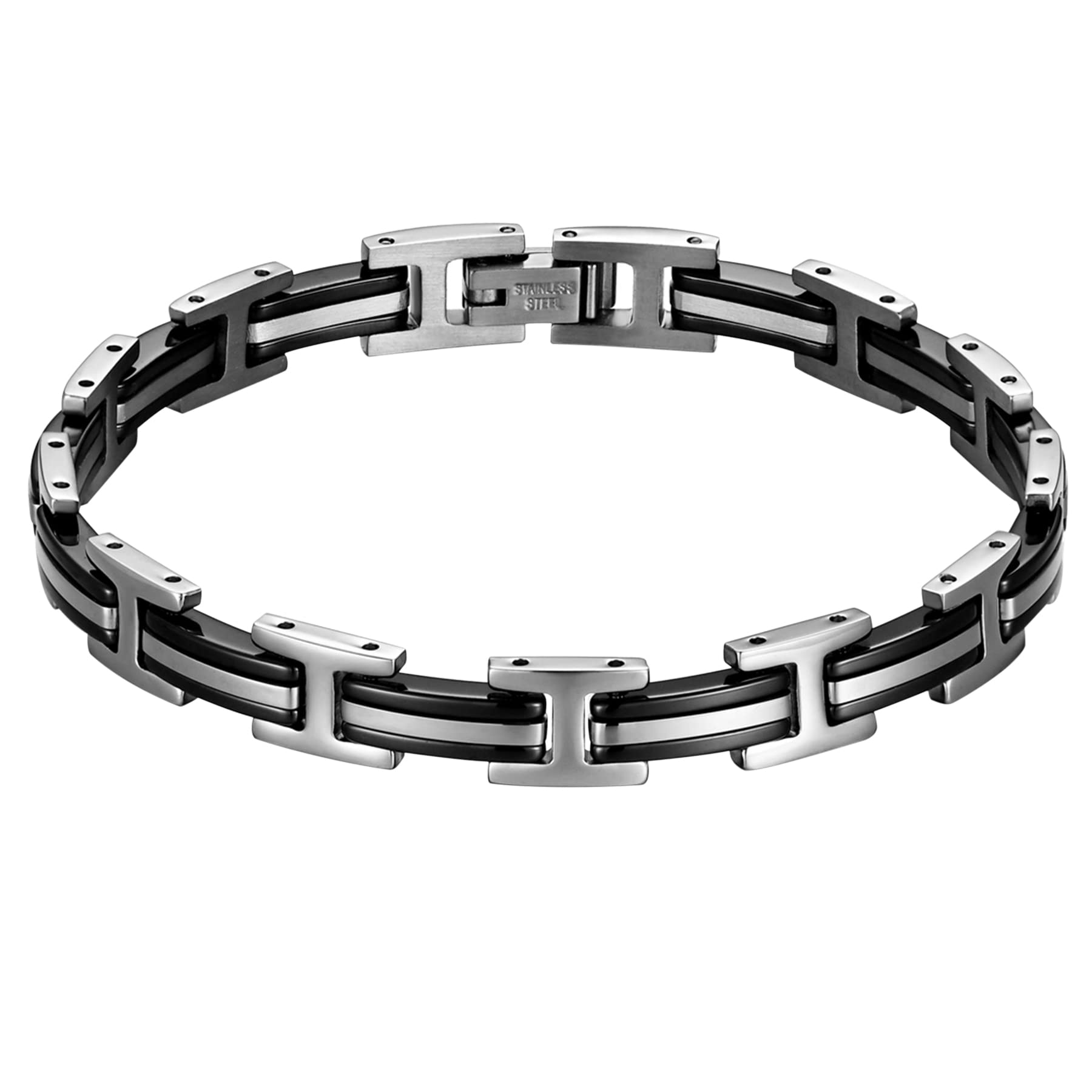 JewelryWe Schmuck Damen Armband, Edelstahl Keramik Porzellan I Rechteck Link Armkette Armreif Gliederarmband Geschenke für Frauen Mädchen, Schwarz Weiß Silber